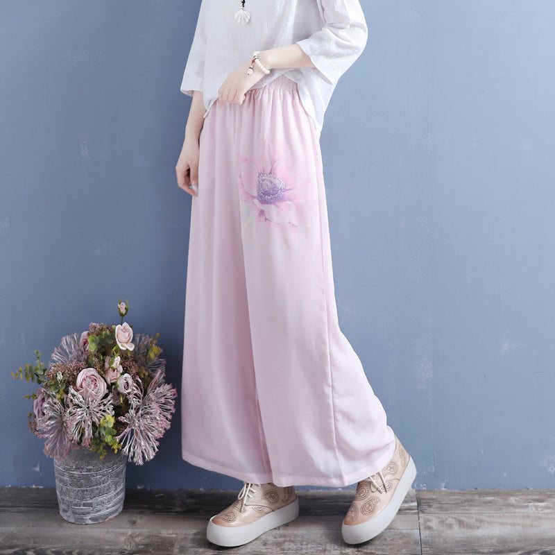 Summer Retro Floral Chiffon Bukser Med Vidde Ben