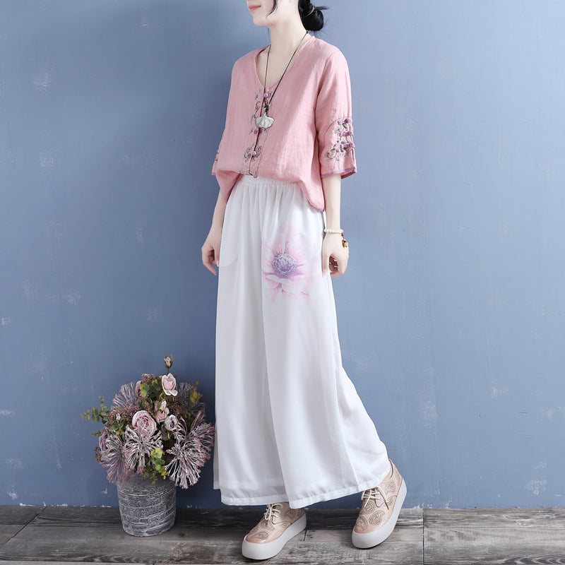 Summer Retro Floral Chiffon Bukser Med Vidde Ben