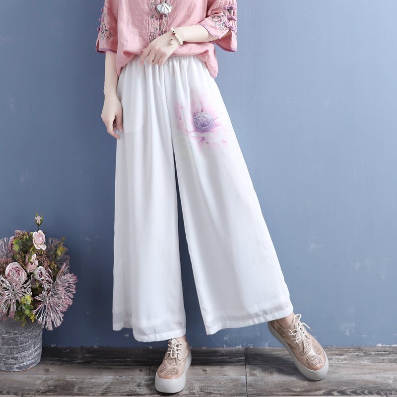 Summer Retro Floral Chiffon Bukser Med Vidde Ben