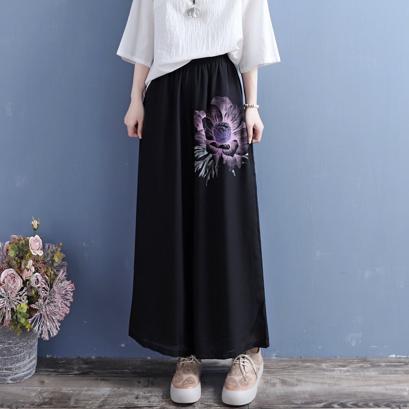 Summer Retro Floral Chiffon Bukser Med Vidde Ben