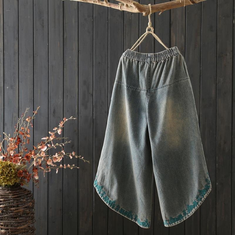 Vintage Brodert Løs Denim Bukser Med Vidde Ben