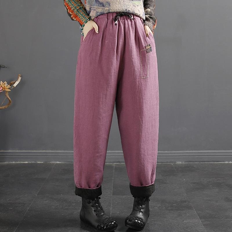 Vinter Retro Patchwork Løs Bomull Lin Casual Harem Bukser