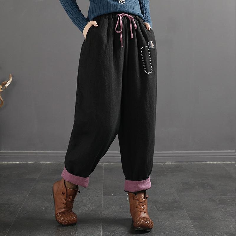 Vinter Retro Patchwork Løs Bomull Lin Casual Harem Bukser