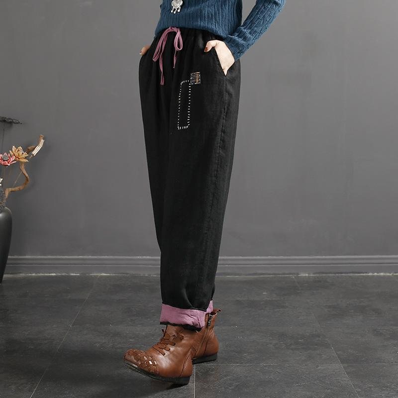 Vinter Retro Patchwork Løs Bomull Lin Casual Harem Bukser