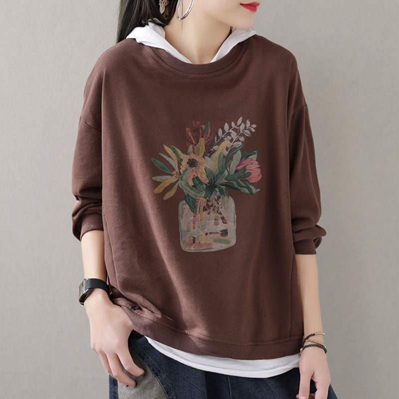 Dame Spring Loose Casual Foral Bomullsgenser