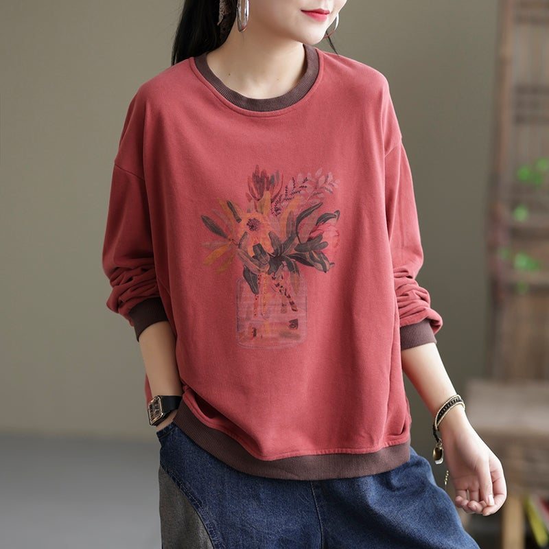 Dame Spring Loose Casual Foral Bomullsgenser