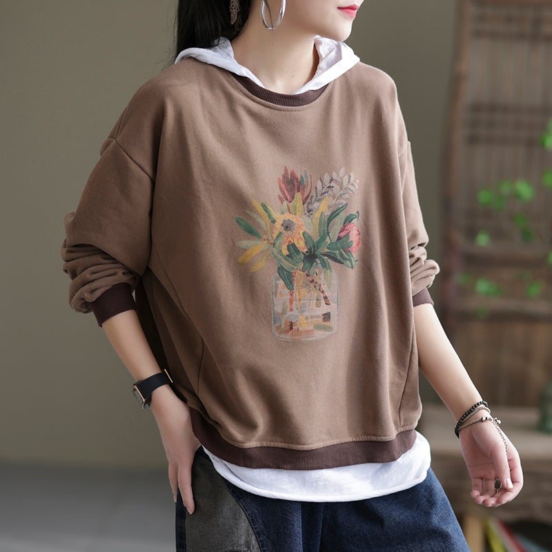 Dame Spring Loose Casual Foral Bomullsgenser