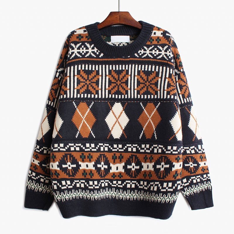 Geometrisk Vintage Casual Løs Strikket Genser