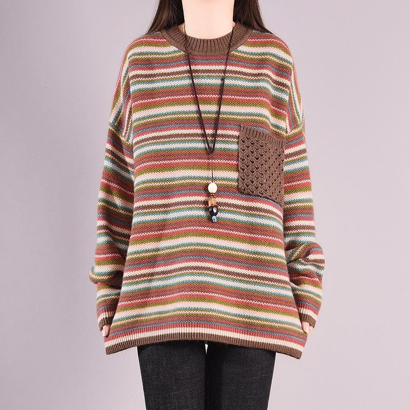 Høst Vinter Casual Coloful Stripe Løs Strikket Genser