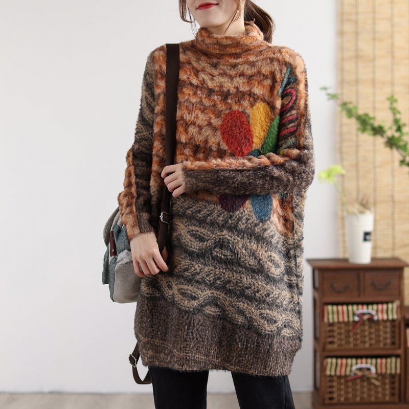 Retro Flower Turtleneck Fargematchende Lang Strikket Genser