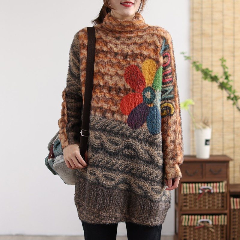 Retro Flower Turtleneck Fargematchende Lang Strikket Genser