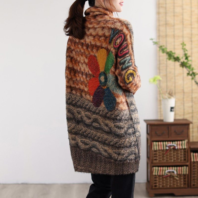 Retro Flower Turtleneck Fargematchende Lang Strikket Genser
