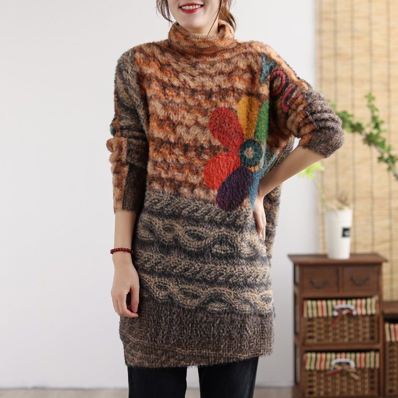 Retro Flower Turtleneck Fargematchende Lang Strikket Genser