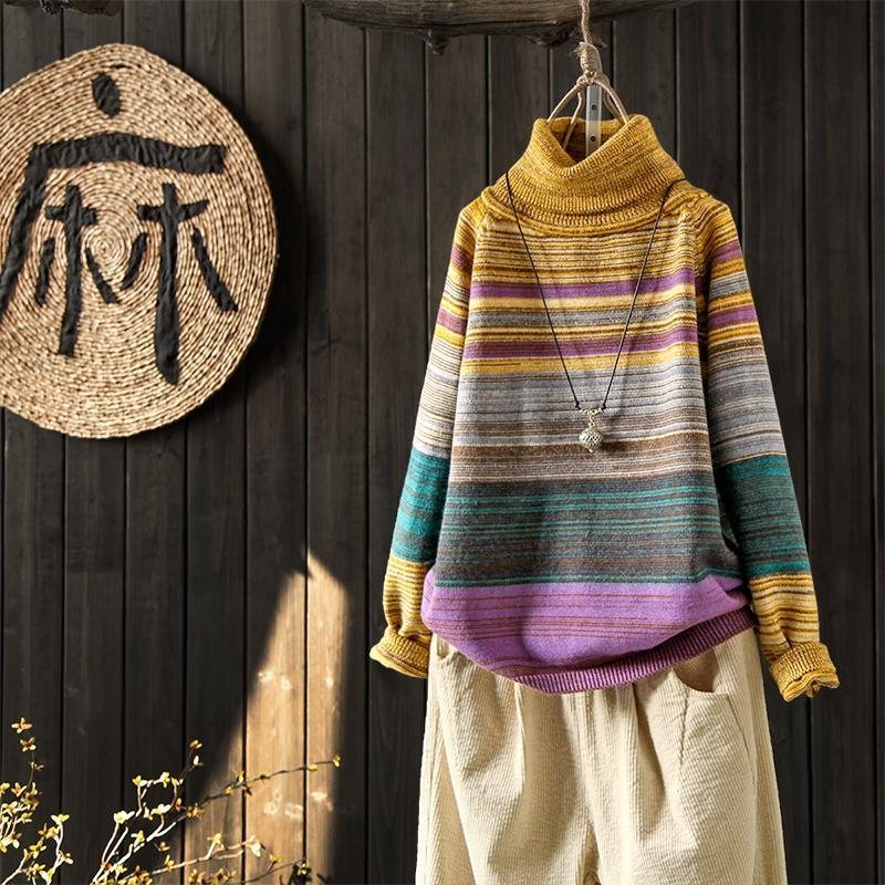 Vintage Loose Rainbow Strip Turtleneck Genser