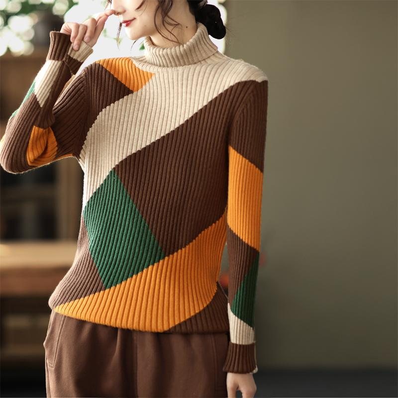 Vinter Vintage Fargematchende Slank Strikket Genser Med Turtleneck