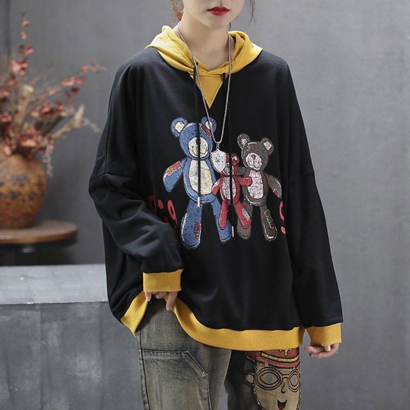 Bear Printed Casual Langermet Hettegenser