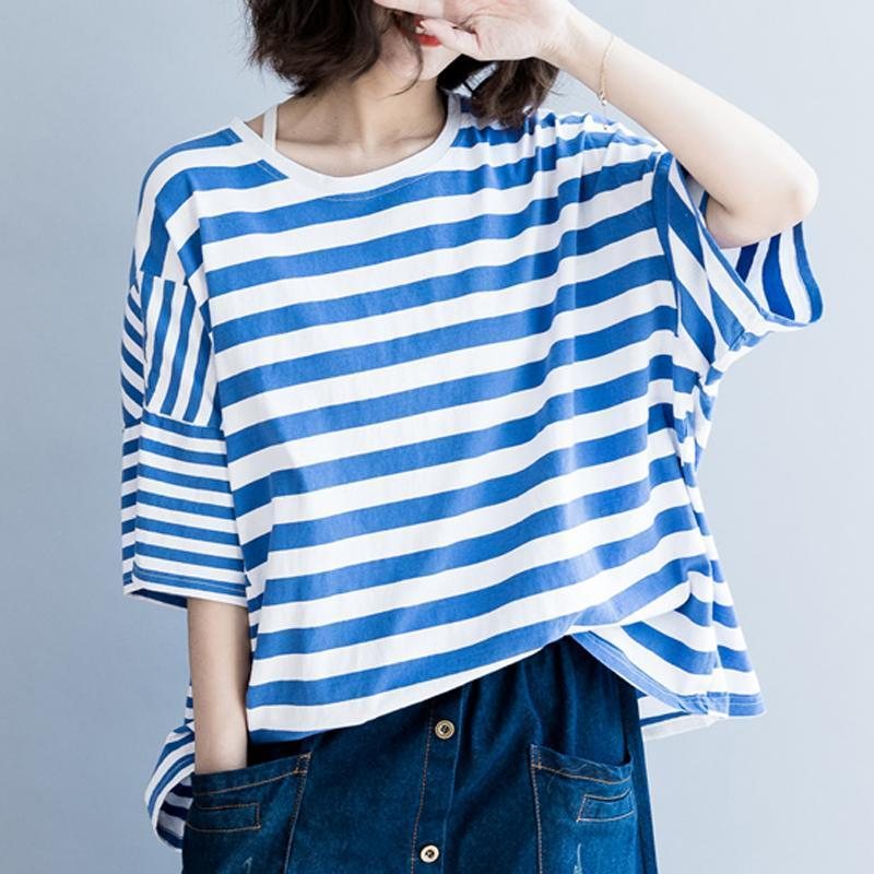 Dame Bomull Casual Stripes Løs T-skjorte