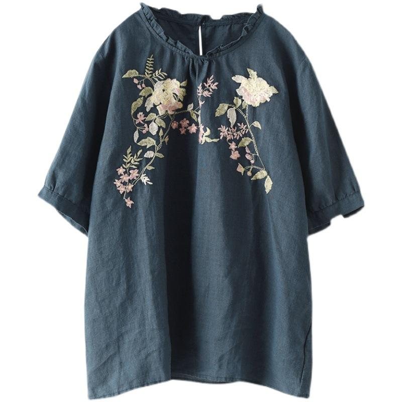 Dame Retro Floral Brodery Pullover Lin T-shirt