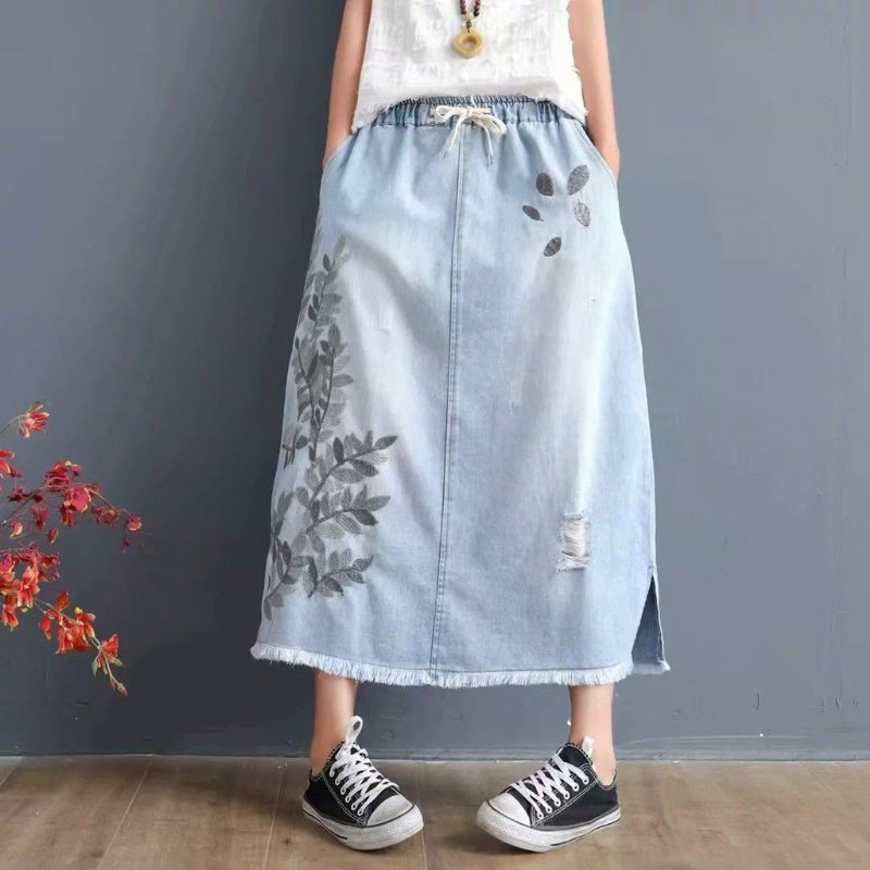 Blader Brodert Burr Dame Denimskjørt