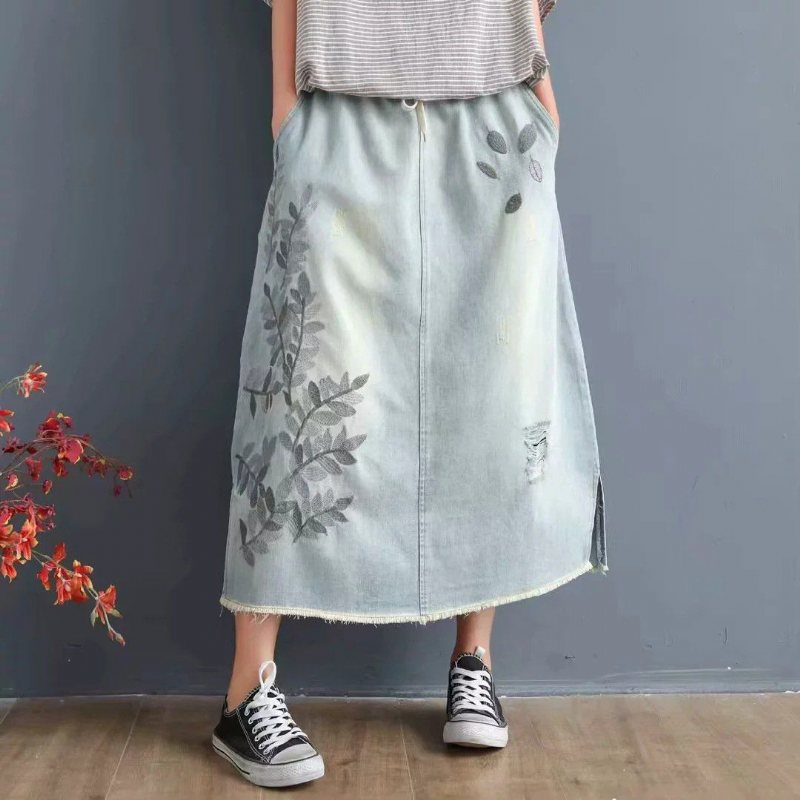 Blader Brodert Burr Dame Denimskjørt