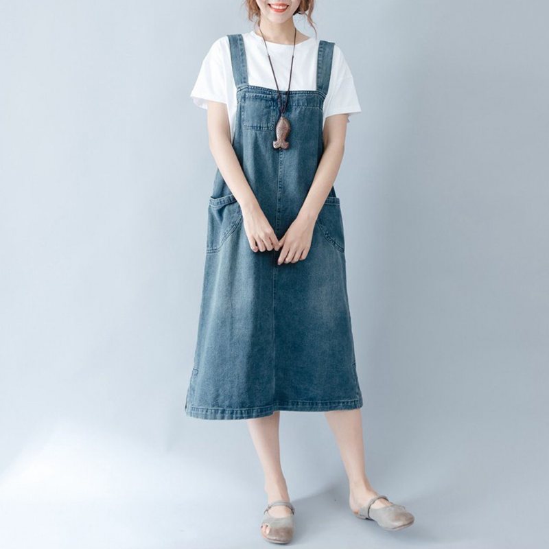 Ensfarget Denim Casual Strap-skjørt