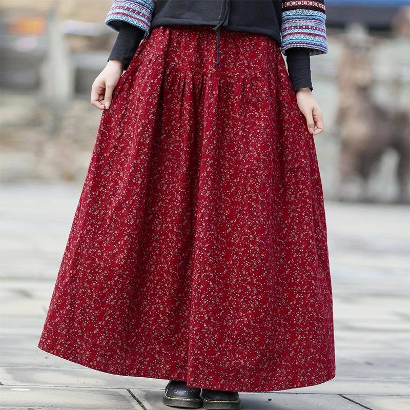 Høst Vinter Retro Bomull Lin Floral A-linje Skjørt