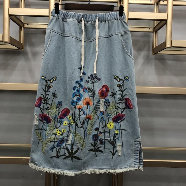 Høst Vinter Vintage Broderi Denim Dameskjørt