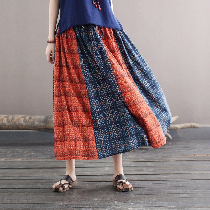 Kvinner Boho Retro Patchwork A-linje Bomullsskjørt