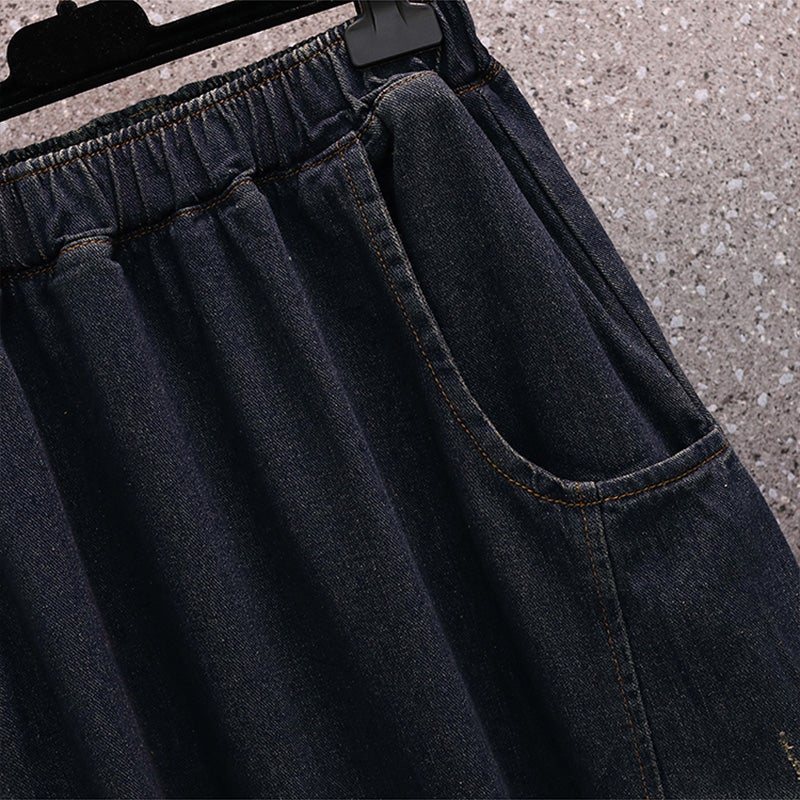 Løs Fjær Denimskjørt Med Høy Elastisk Midje