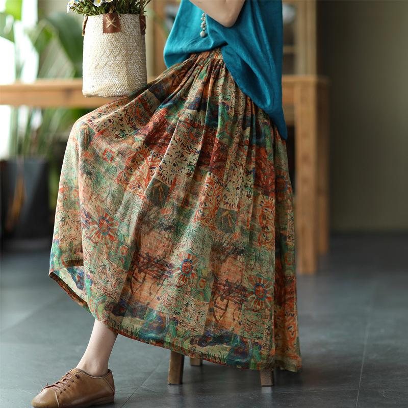 Plus Size Sommerblomstertrykk Løst Linskjørt