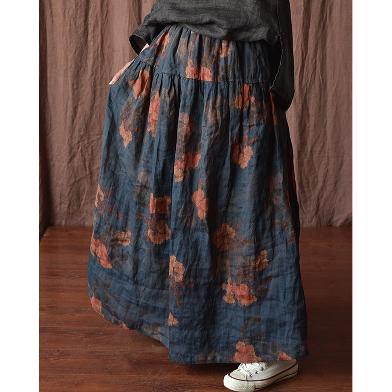 Plus Size Vår Sommer Retro Floral Linskjørt