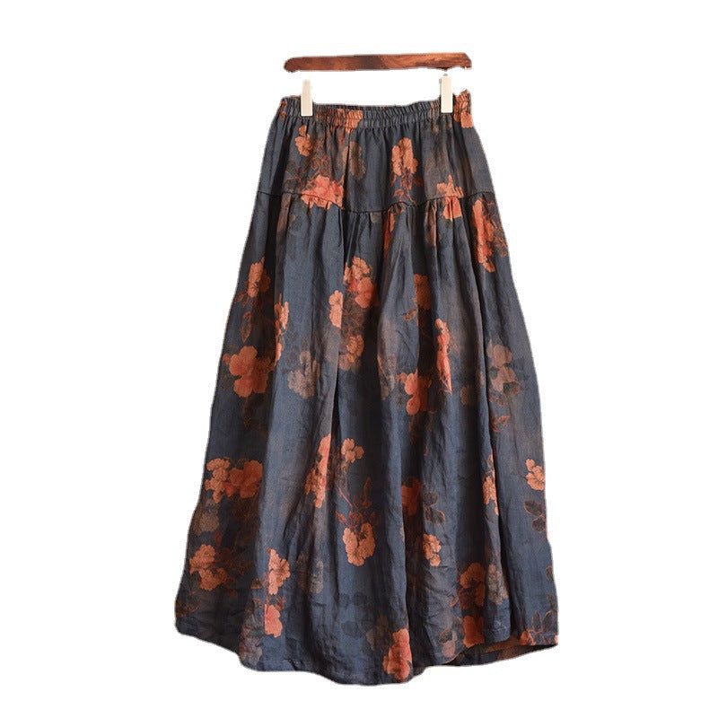 Plus Size Vår Sommer Retro Floral Linskjørt