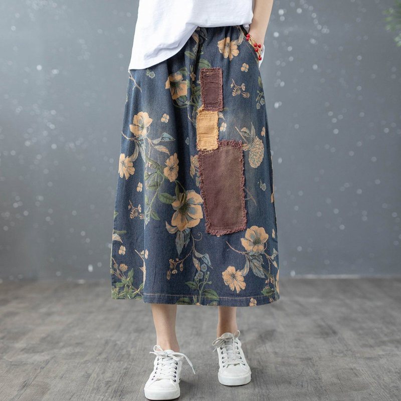 Retro Floral Patchwork A-lin Bomull Dongeri Skjørt