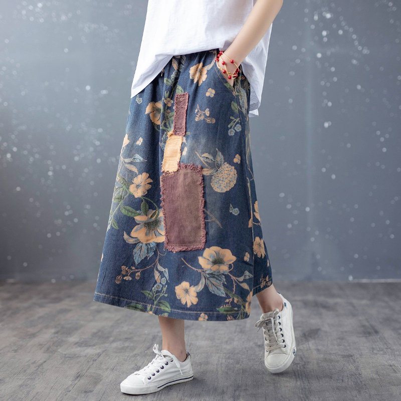 Retro Floral Patchwork A-lin Bomull Dongeri Skjørt