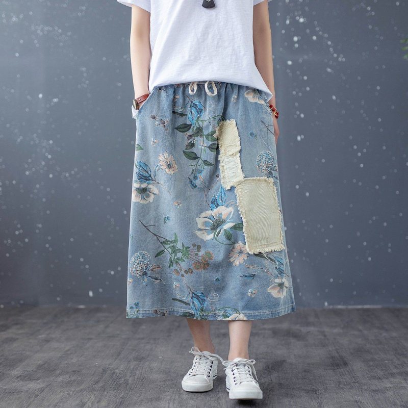 Retro Floral Patchwork A-lin Bomull Dongeri Skjørt