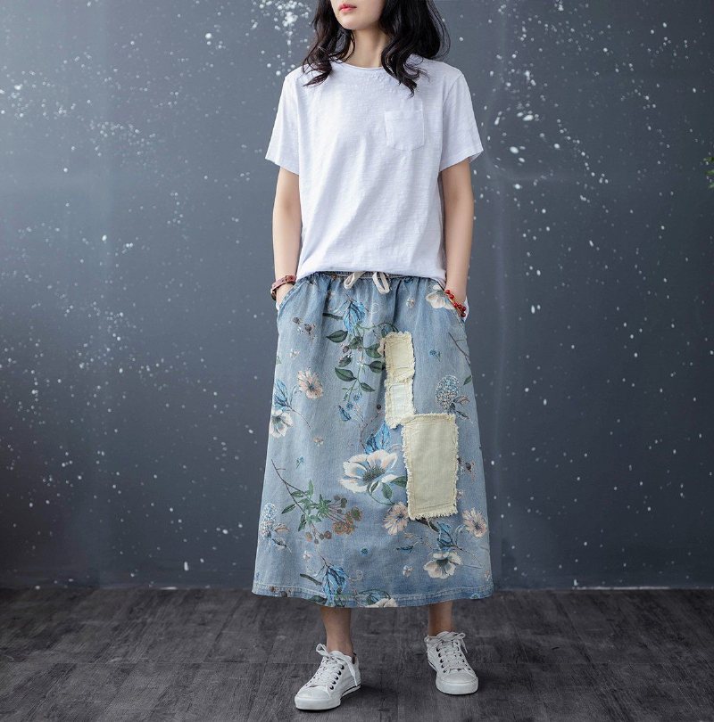 Retro Floral Patchwork A-lin Bomull Dongeri Skjørt