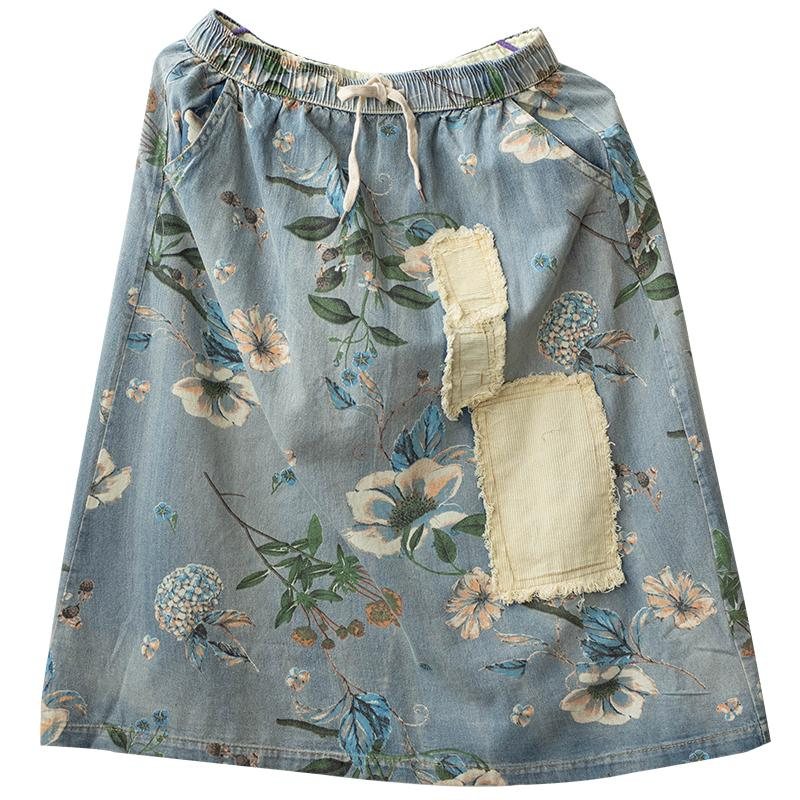 Retro Floral Patchwork A-lin Bomull Dongeri Skjørt