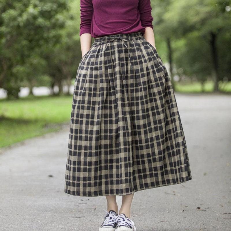 Retro Stripe A-line Høy Midje Linskjørt I Bomull