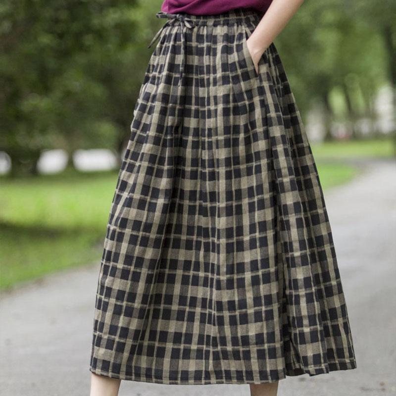 Retro Stripe A-line Høy Midje Linskjørt I Bomull