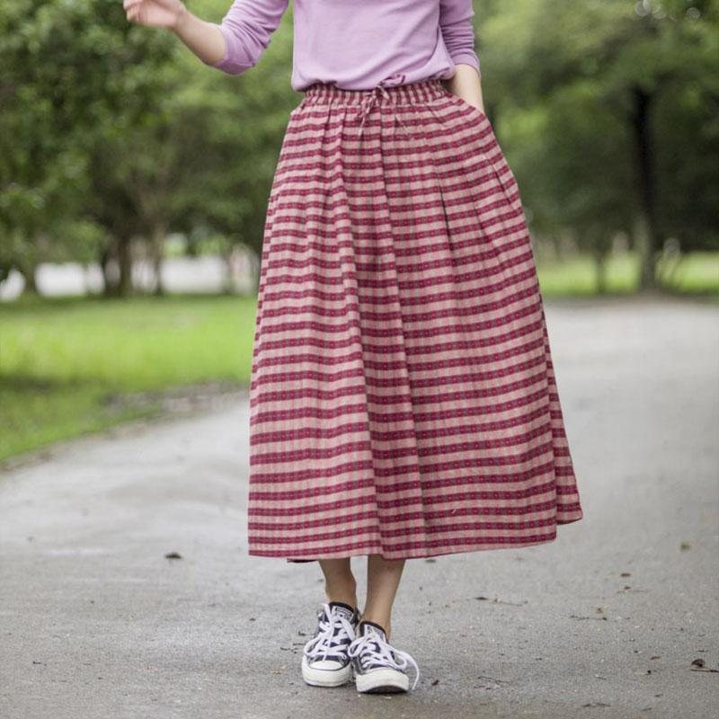 Retro Stripe A-line Høy Midje Linskjørt I Bomull