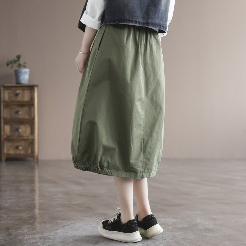 Sommer Solid Cotton Vintage Løst Skjørt