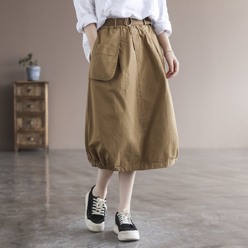 Sommer Solid Cotton Vintage Løst Skjørt