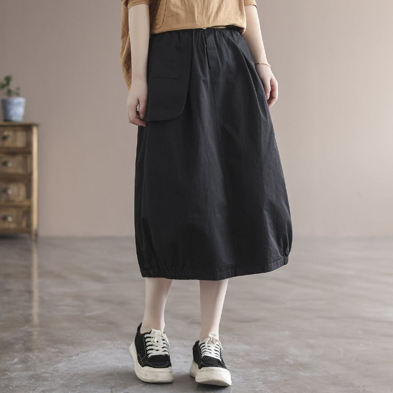 Sommer Solid Cotton Vintage Løst Skjørt