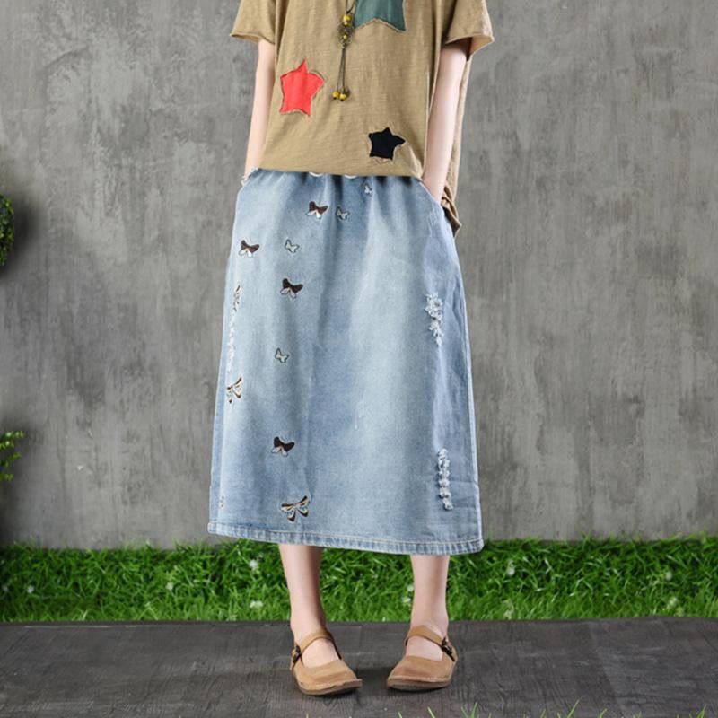 Sommerbrodert Denimskjørt For Kvinner