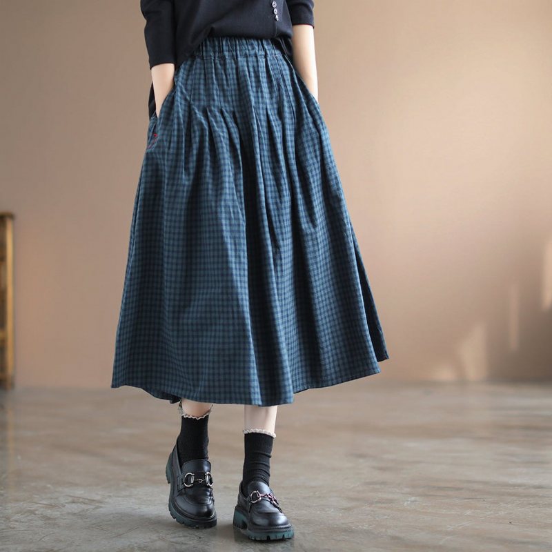 Spring A-line Bomull Lin Retro Rutete Skjørt