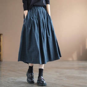 Spring A-line Bomull Lin Retro Rutete Skjørt