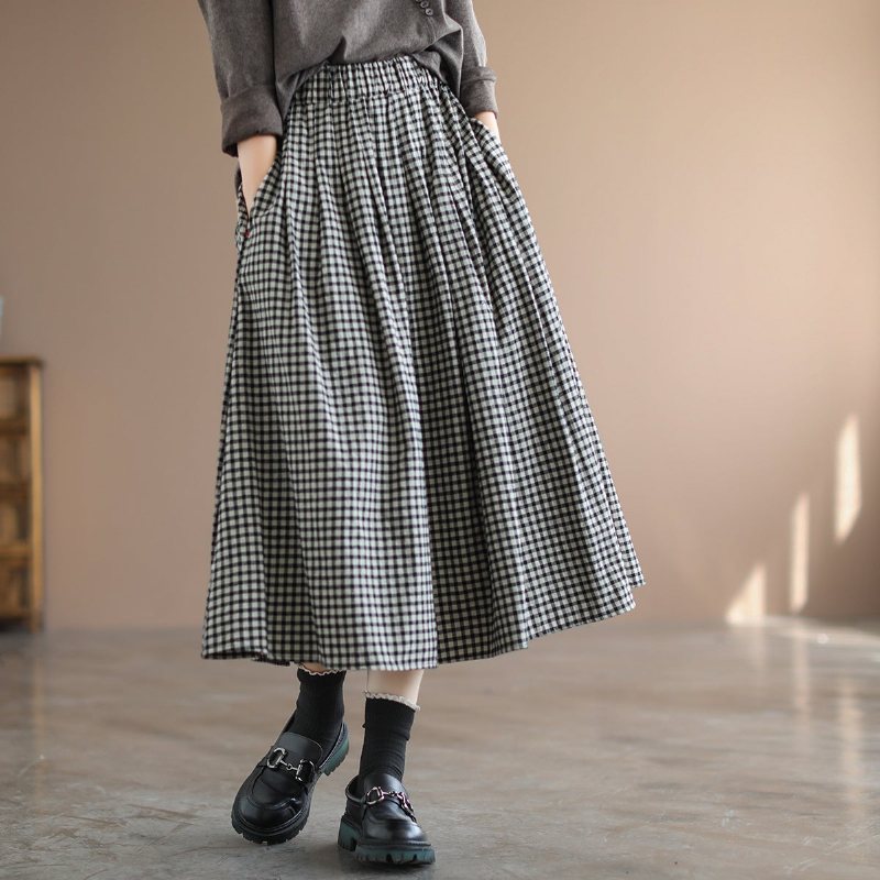Spring A-line Bomull Lin Retro Rutete Skjørt