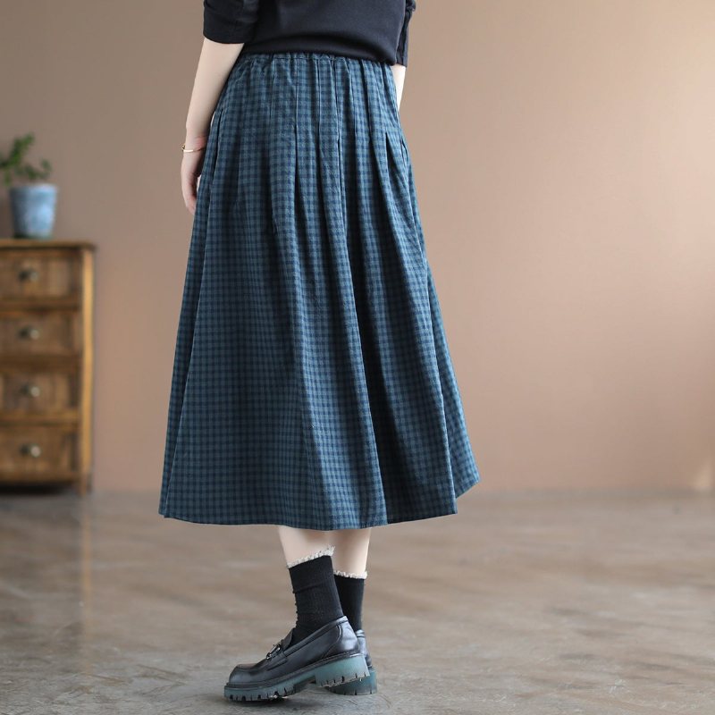 Spring A-line Bomull Lin Retro Rutete Skjørt