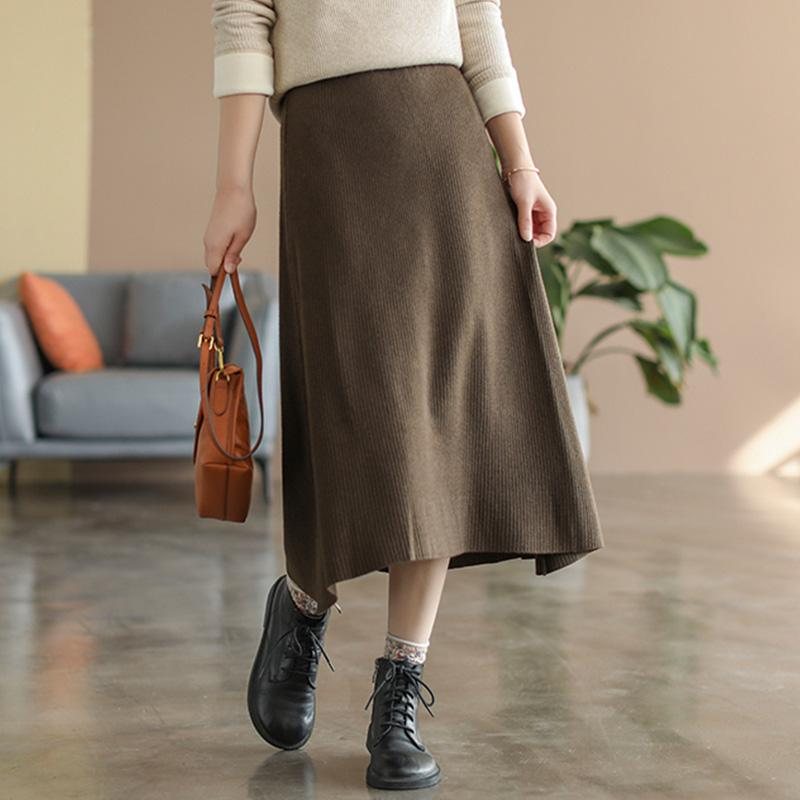 Spring Retro Solid Cotton Strikket A-line Skjørt