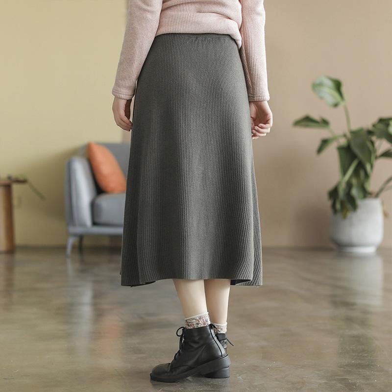 Spring Retro Solid Cotton Strikket A-line Skjørt